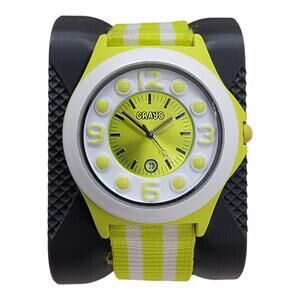 Crayo Carnival Watch Lime Green White Striped Nylon Strap Date Sunray Dial